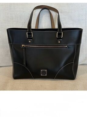 Dooney & Bourke Black Leather Mila Tote with White Contrast Stitching